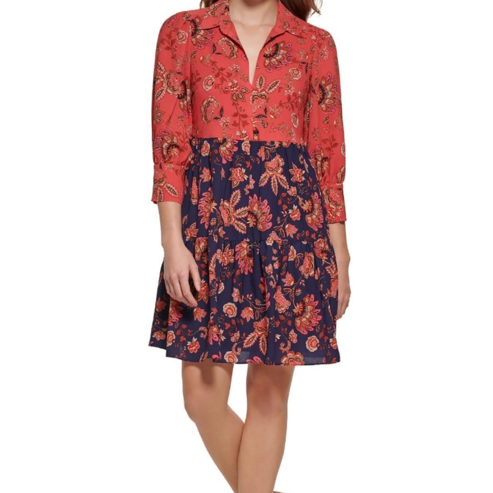 Vince Camuto Women Dress V-Neck Mixed Florals Lined Long Sleeves Gold Buttons 2
